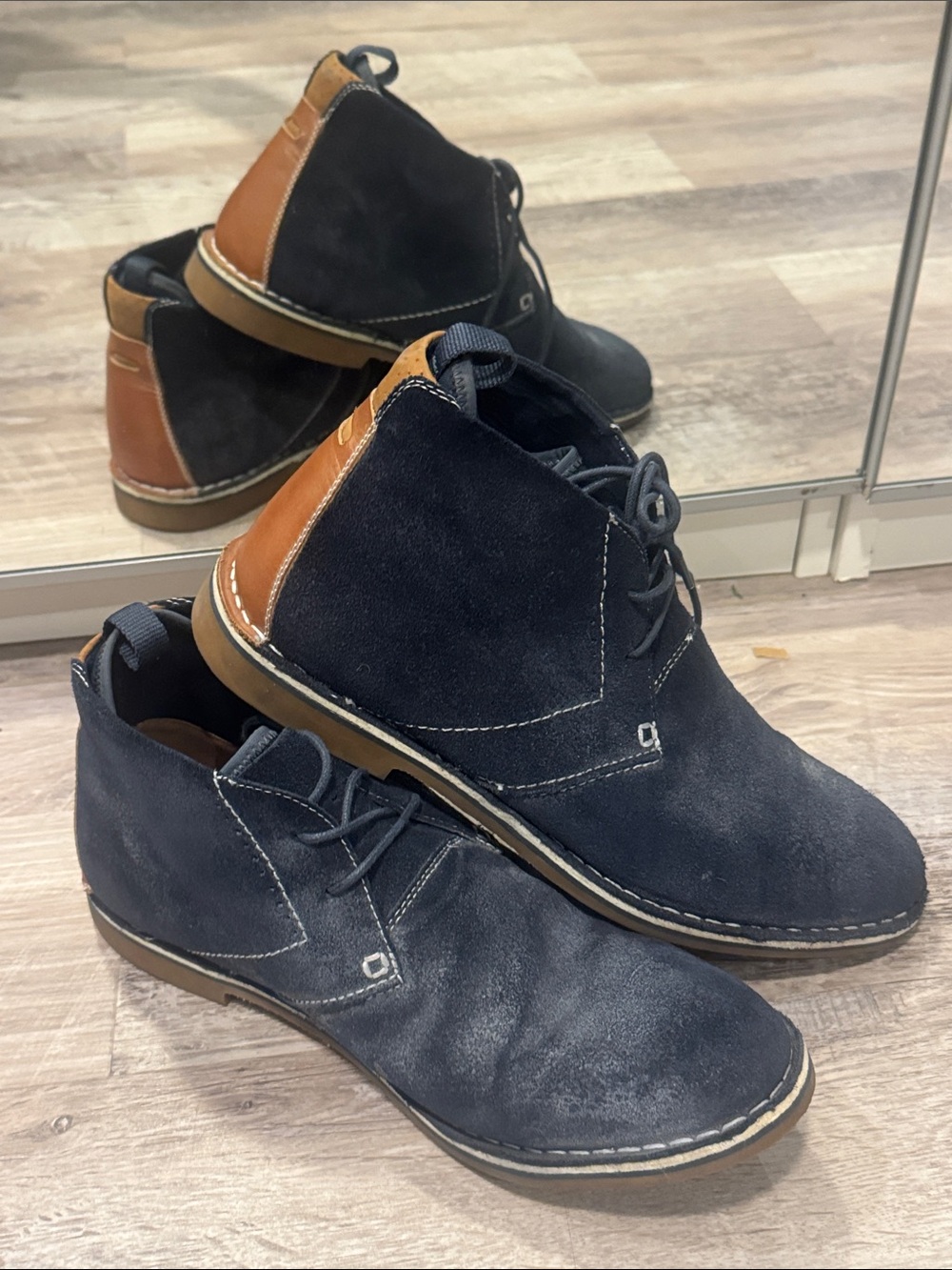 Steve Madden Navy Suede Chukka Boots with Tan Heel Panel